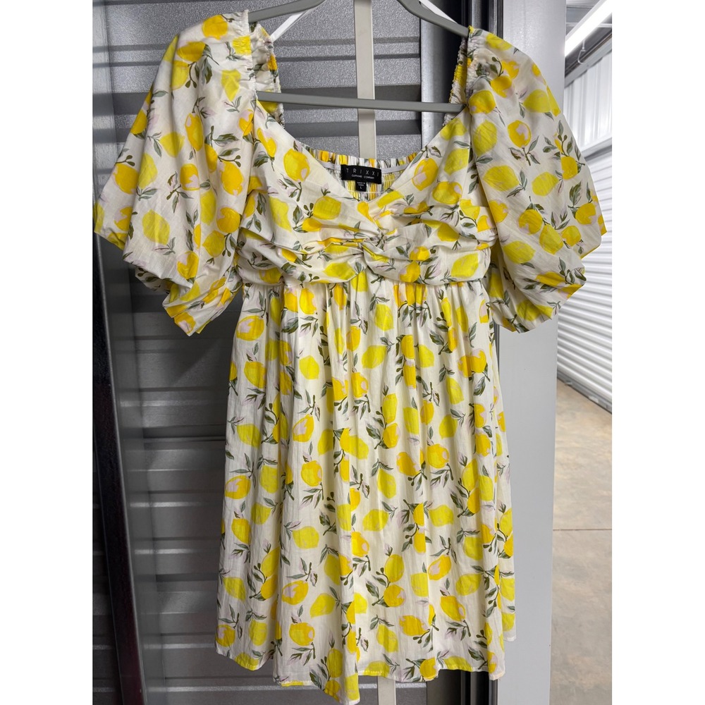 Trixxi Lemon Print Puff Sleeve Mini Dress Yellow White Cotton 26DS21KEBV L